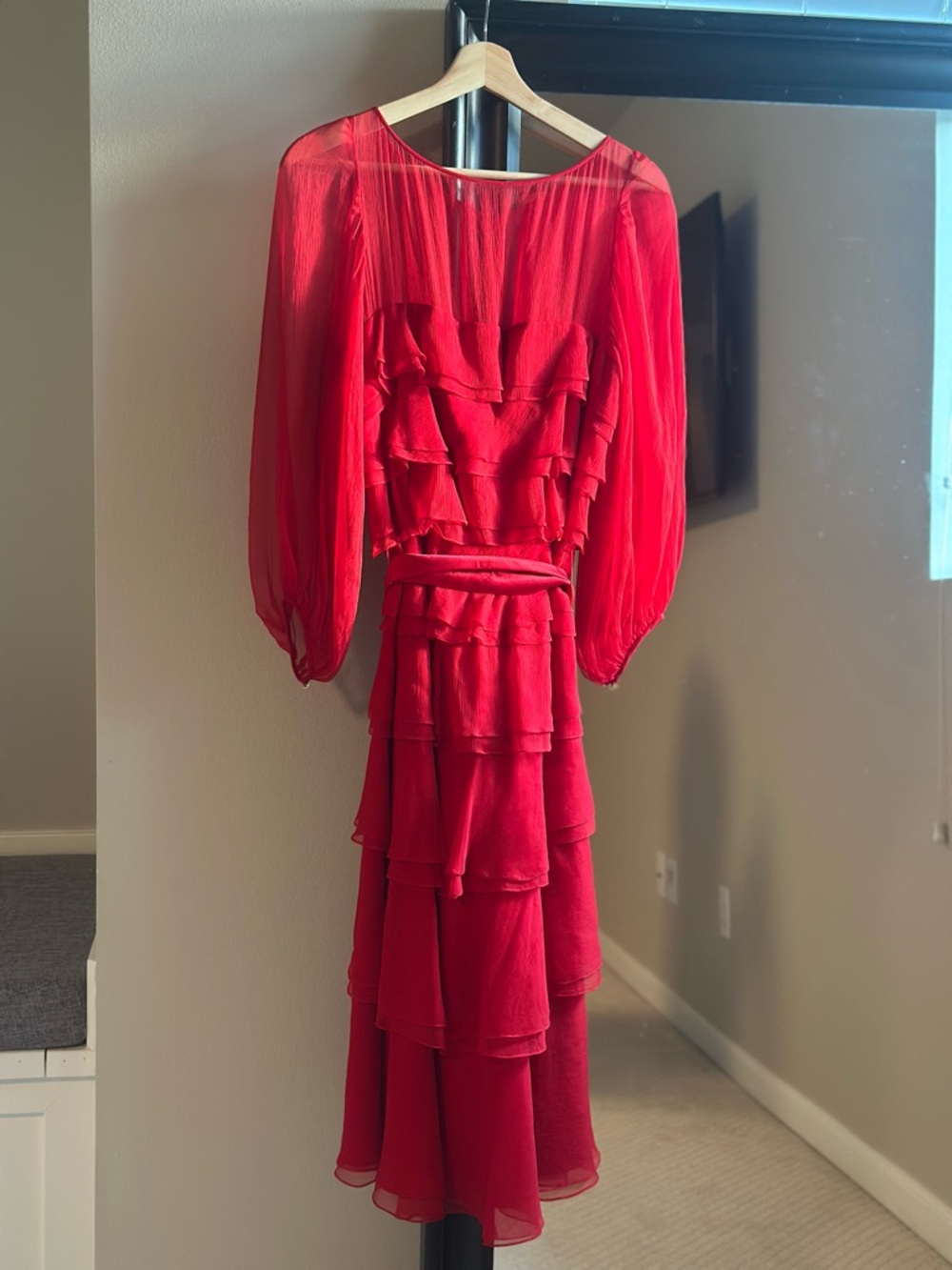Vintage 100% Silk Red Ruffled Tiered Midi Dress